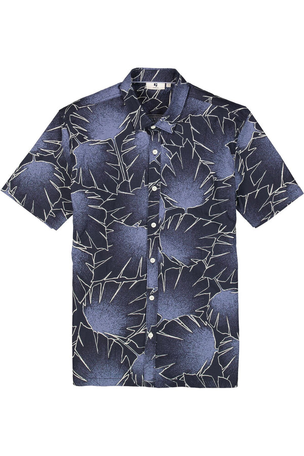 Navy and Blue Leaf Print Short Sleeve Shirt