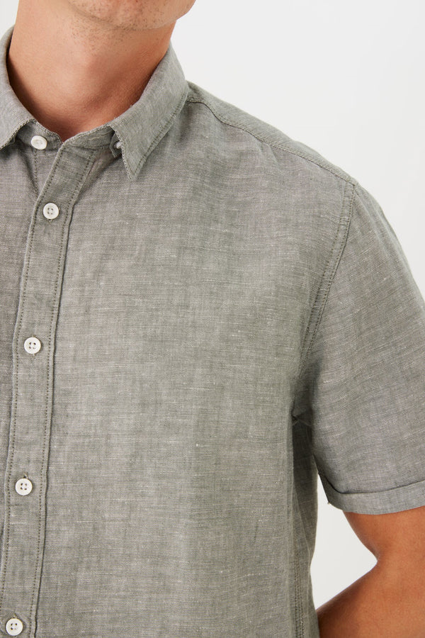 Linen Cotton Blend Hidden Button Down Short Sleeve Shirt