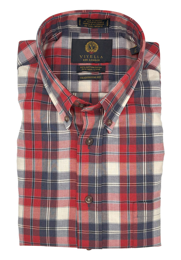Chemise Viyella à carreaux rouges, crème et bleus, fabriquée au Canada