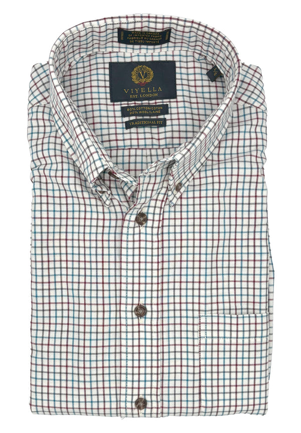 Chemise à carreaux bleus et rouges Viyella Small, fabriquée au Canada