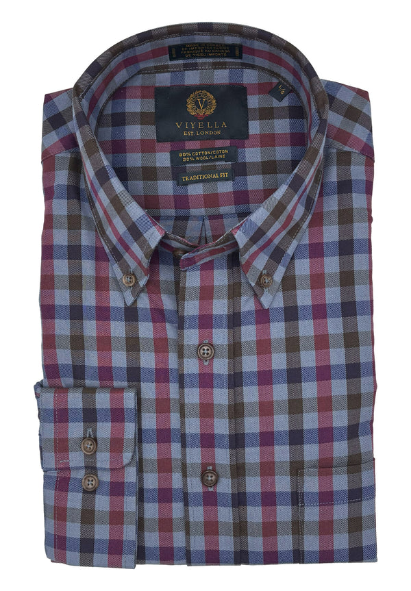 Chemise Viyella à carreaux bordeaux et bleus fabriquée au Canada