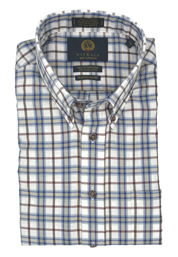 Chemise à carreaux Viyella Chambray bleue et marron, fabriquée au Canada