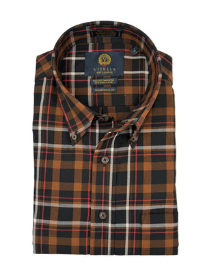 A folded long-sleeve plaid shirt by Vivella for Men, featuring a brown, black, white, and red tartan pattern, with a navy blue brand label visible at the collar.