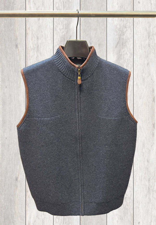 Viyella Full Zip Woodsman Sleeveless Sweater with Suede Trim