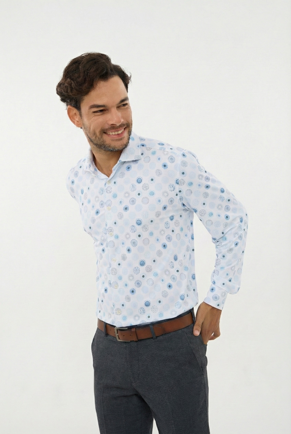 Leo Chevalier Iconic Stretch White with Multi Circle Print Shirt