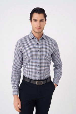 Leo Chevalier Fitted Non Iran Micro Check Dress Shirt with Stretch