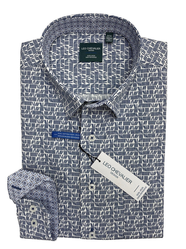 Leo Chevalier Blue Lines Print Non-Iron Hidden Button Down Collar Sport Shirt