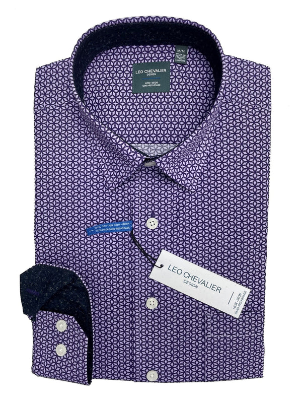 Leo Chevalier Light Purple Print Non-Iron Hidden Button Down Collar Sport Shirt