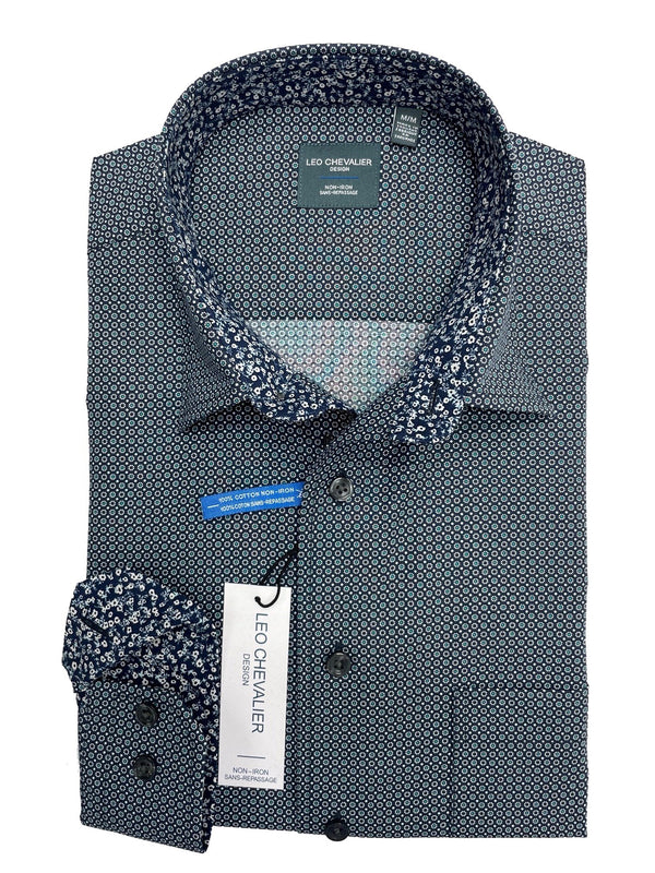 Chemise de sport à col boutonné caché Leo Chevalier bleu marine avec imprimé vert sans repassage