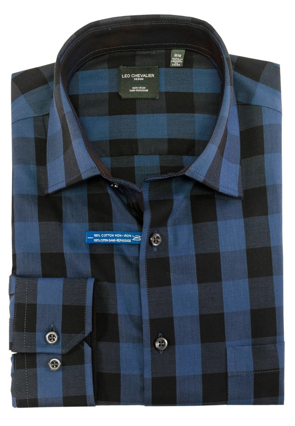 Leo Chevalier Non-Iron Blue and Black Spread Collar Sport Shirt