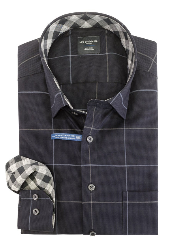 Leo Chevalier Non Iron Navy and Grey Large Check Spread Collar Sport Shirt