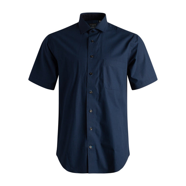 Chemise sport à manches courtes bleu marine à imprimé cercles et lignes sans repassage Leo Chevalier