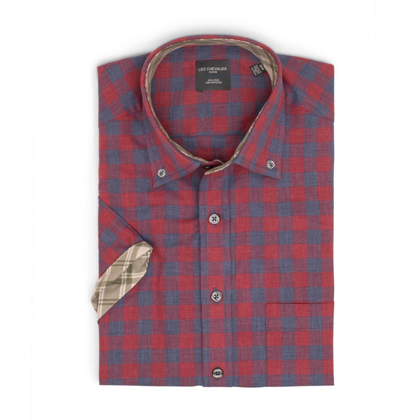 Leo Chevalier Non-Iron Red and Blue Check Short Sleeve Sport Shirt