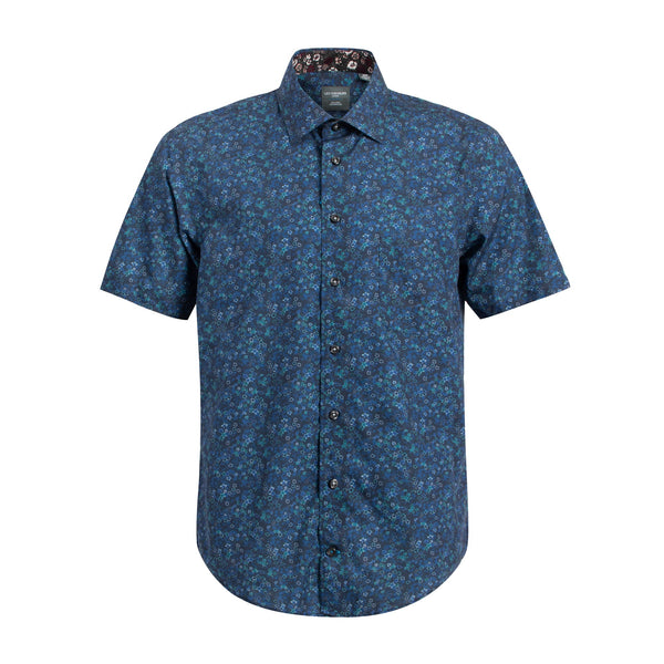 Leo Chevalier Non-Iron Short Sleeve Dark Blue Flower Print Sport Shirt