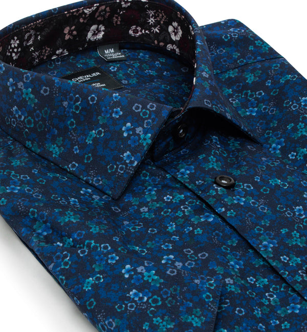 Leo Chevalier Non-Iron Short Sleeve Dark Blue Flower Print Sport Shirt