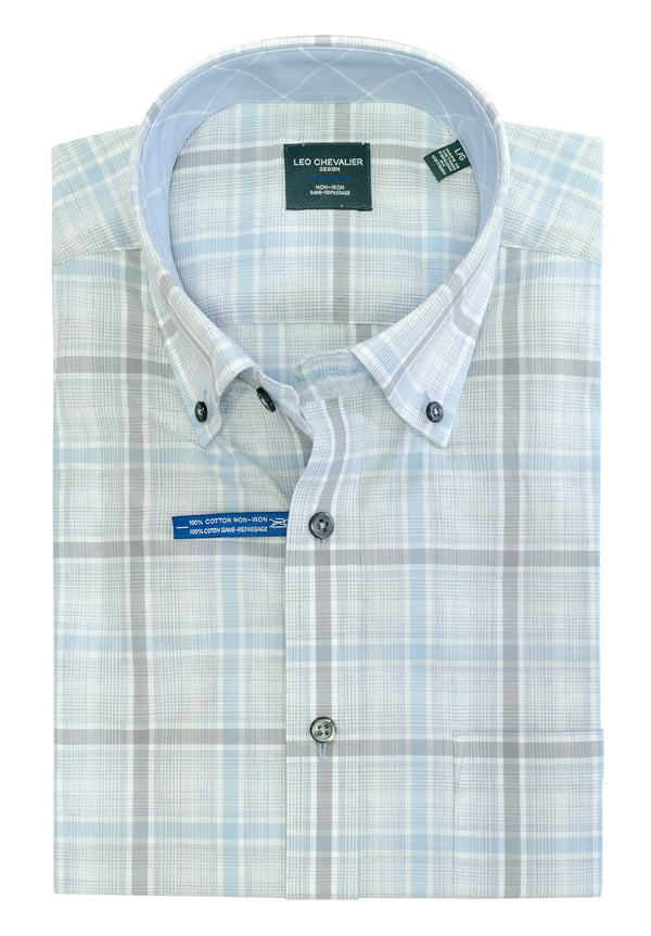 Leo Chevalier Non-Iron Short Sleeve Light Blue Check Sport Shirt