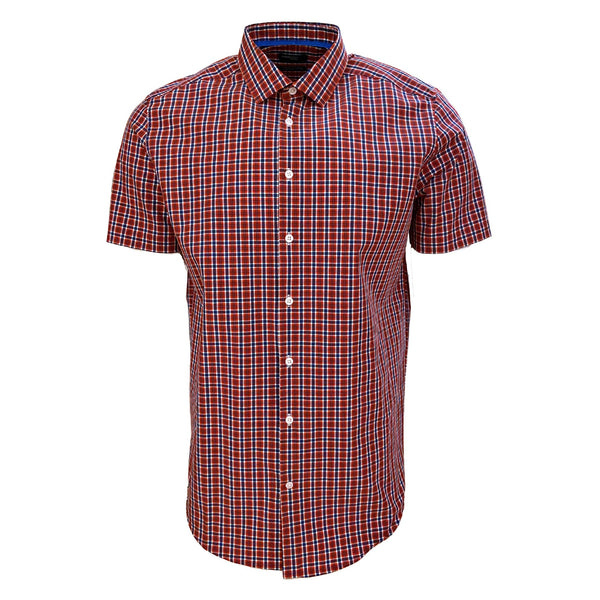 Leo Chevalier Short Sleeve Red with Blue Check Voyage Performance Shirt