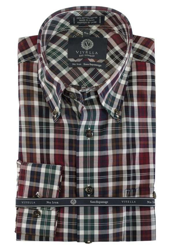 Viyella 100% Cotton Non-Iron Traditional Fit Men`s Dark Plaid Sport Shirt