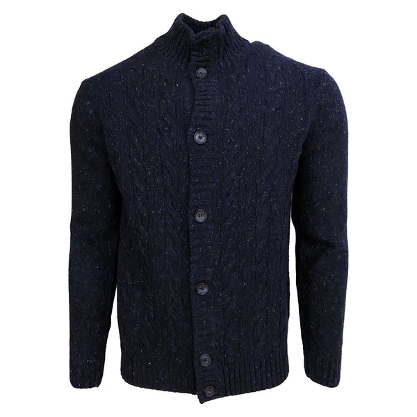 Cardigan en tricot torsadé bleu chiné boutonné devant Viyella