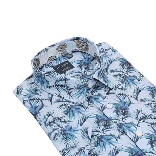 Blue Palm Tree 100% Cotton Non-Iron Tailored Fit Men`s Printed Shirt