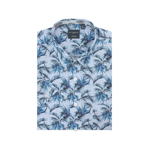 Blue Palm Tree 100% Cotton Non-Iron Tailored Fit Men`s Printed Shirt