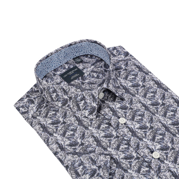 Chemise sans repassage à imprimé tropical gris et bleu