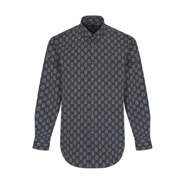Leo Chevalier Black Grey Paisley Print Non-Iron Hidden Button Down Collar Sport Shirt