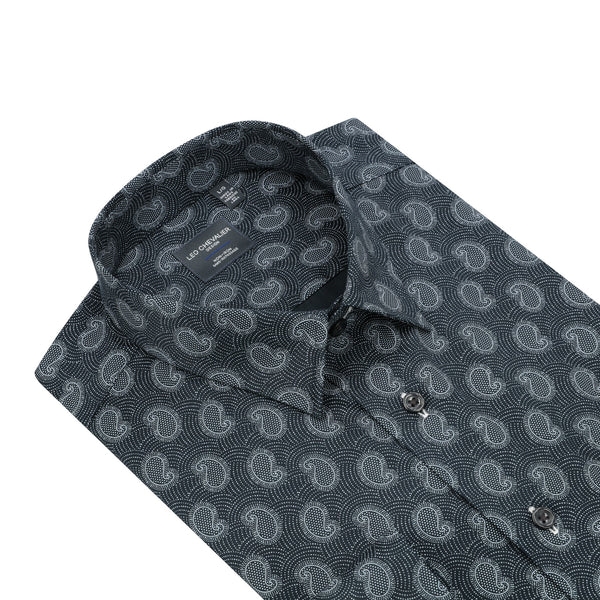 Leo Chevalier Black Grey Paisley Print Non-Iron Hidden Button Down Collar Sport Shirt