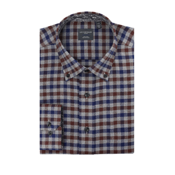 Leo Chevalier Blue and Burgundy Brushed Cotton Check Non-Iron Button Down Collar Sport Shirt