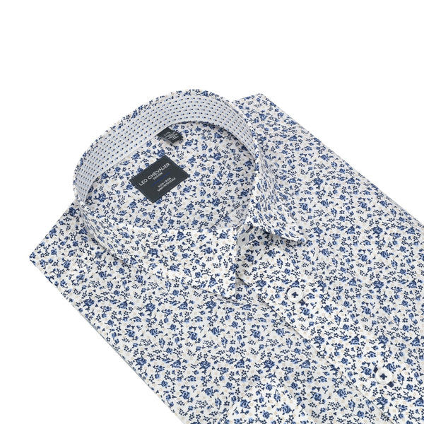 Chemise de sport à col boutonné caché et imprimé floral bleu Leo Chevalier, sans repassage