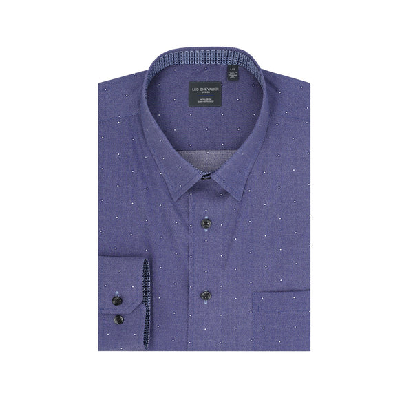 Leo Chevalier Blue with White Dot Print Non-Iron Hidden Button Down Collar Sport Shirt