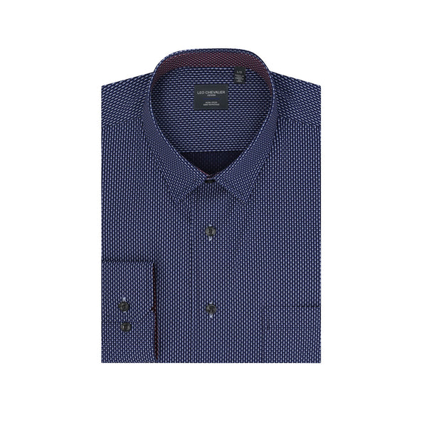Leo Chevalier Navy and Light Blue Dot Print Non-Iron Hidden Button Down Collar Sport Shirt