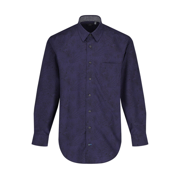Leo Chevalier Navy With Black All Over Print Non-Iron Hidden Button Down Collar Sport Shirt