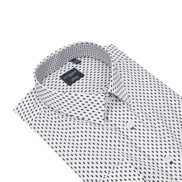Leo Chevalier Chemise de sport blanche à imprimé rectangulaire, sans repassage, col boutonné caché