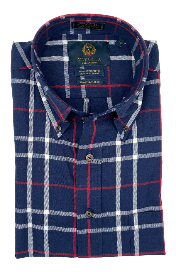 Viyella Navy with Red Plaid Made in Canada Button-Down Collar Sport Shirt
